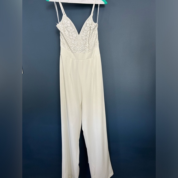 Lulus Memorable Occasion White Beaded Sequin Wide-Leg Jumpsuit Size XS - Picture 3 of 10